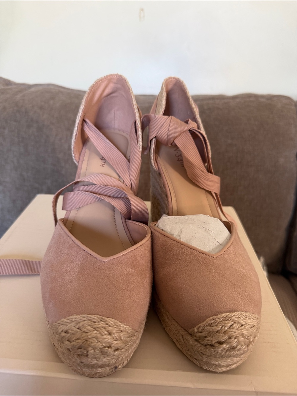 On 34th Women's Blush Pink Espadrille Wedge Lace-Up Heels